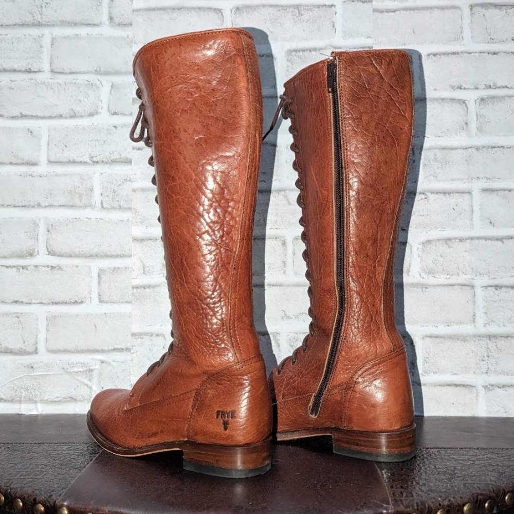Vntg Frye Vienna Tall Brown Genuine Leather Lace Up Knee High Vintage Zip Boots - Picture 9 of 15